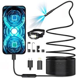 Borescope1920P HD Endoscopic Camera - with 8 Adjustable LEDs, 16.4ft Semi-Rigid Serpentine Camera, 7.9mm IP67 Waterproof Inspection Tool for iOS and Android Devices