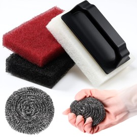 Reallnaive 5 Pack Handled Scrubber Set, Scrub Pads with Handle, Medium & Coarse Stainless Steel Teak Scrub Scouring Pads Reusable Cleaning Sponge for Bath Tube, Sink, Tubs & Swimming Pool Step