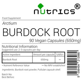 Nutrics® 650 mg Burdock Root - 100% Pure 90 V Capsules (1 Month Supply) Arctium lappa - Suitable for Vegan Vegetarian Halal Kosher