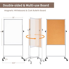 Double Sided Cork Board White Board, 32 x 48 inches Large Cork Board for Office, Height Adjustable Magnetic Dry Erase Board on Wheels, Portable Freestanding Natural Corkboard for Displaying, Planning