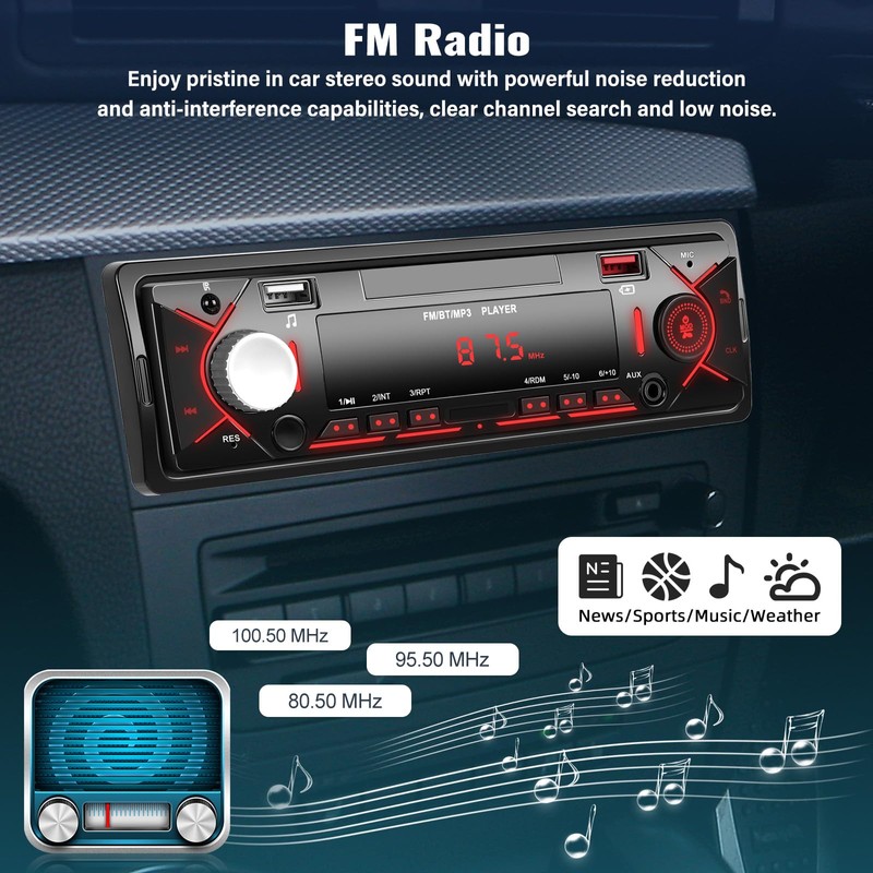Single DIN Car Stereo Audio Car Audio with Handsfree Supports