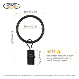 Pack of 40 Curtain Rings, Curtain Rings with Clips, Metal Clips, Curtain Clip 30 mm for Curtains and Curtain Poles, Black