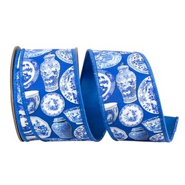 Reliant Ribbon Terra Cotta Ceramics Chinoiserie Twill Deluxe Dupioni Backed Wired Edge, Porcelain Blue, 2-1/2 Inch, 10 Yards