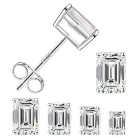 Stud Earrings Set for Women, S925 Sterling Silver 14K White Gold Plated Hypoallergenic Stud Earrings Emerald Cut Cubic Zirconia Sterling Silver Stud Earrings for Women Men 4 Pairs Earrings Set
