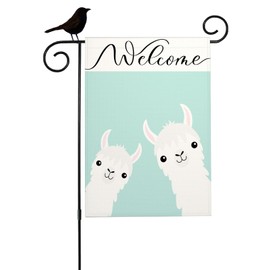 Mugod Cute Llama Small Garden Flag for Outside, Cute Animal Alpaca White Feather Vertical Burlap House Flags 12.5X18 Double Sided Patio Lawn Party Decorations