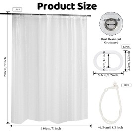 JRJRN 180 x 200 cm Semi-Transparent Shower Curtain, Vinyl Transparent 3D Shower Curtain, Anti Mould Pebble Shower Curtain, PEVA Bath Curtain with Pearl Tiebacks and 12 Ring Hooks for Bathroom