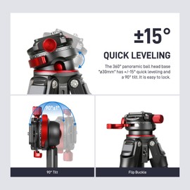 GVM TRIP38 62" Video Camera Tripod Carbon Fiber with Damping Adjustable Fluid Head, Fiber with Leveling 360°Panorama Head, Detachable Center Axis, Fast Flip Buckle, Arca QR Plate Compatible with V3