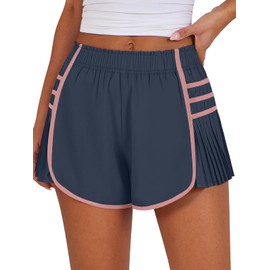 Caracilia - Pantalones cortos para correr para mujer, plisados, pantalones cortos atléticos, de cintura alta, para verano, tenis, deportes, entrenamiento, gimnasio, marino, Small