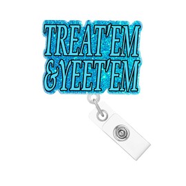 Abamilaka Treat'EM & Yeet'EM Nurse Badge Reel Holder Retractable Nursing Funny RN CNA Badge Holder with Alligator Clip Accessories Blue Acrylic Medical Name Badge Clip Social Worker Doctor