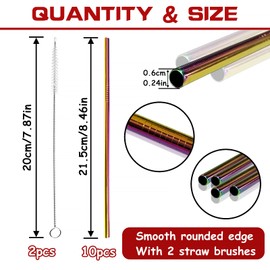 FINEASY Set of 10 Metal Straws Drinking with 2 Cleaning Brushes, Eco-Friendly Reusable Straws Coloured Stainless Steel Straws for Smoothie, Cocktail, Hot Drinks (Straight)