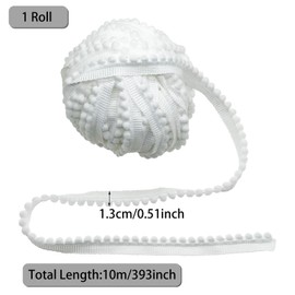 Allazone 11 Yards Pom Trim Ribbon, 0.5’’ Wide Pom Ball Fringe Trim Ribbon Sewing Accessory DIY Crafts for Home Curtain Clothes Pillow Decoration (White, 0.5’’)