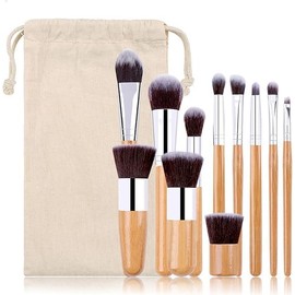 Set Brochas de maquillaje bambu orgánicas estilo Kabuki ecologicas para maquillaje profesional kit (makeup brush set) Aplica Polvos, Base, Blush en cara y ojos 11pcs (Bambú)