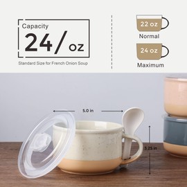 GBHOME Ceramic Soup Mugs with Handles and Lids,24 OZ Soup Cups Set of 2 with Terracotta Underside,Mug Bowls with Spoon for Soup/Cereal/Salad/Noodles/Ramen/Microware &Dishwasher Safe-Grey&Beige