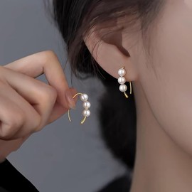 Inateannal Boho Drop Pearl Dangle Earrings Gold Pull Through Earrings Pearl Threader Drop Earrings Wedding Pearl Bridal Earrings Minimalist Pearl Earrings Jewelry for Women