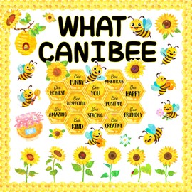 Qpout 63pcs Bee Bulletin Board Decorations,Holographic Glitter Sunflower Honey Bee Hive Theme Paper Cutouts Bulletin Board Borders for Spring Summer Office Classroom Home Wall Decor