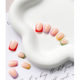 Short Press on Nails Square French Tip False Nails Full Cover False Nails with Colorful Nail Tip Designs Glossy False Nails with Nail Glue Rainbow Artificial Acrylic Nails for Women Girls 24 Pcs