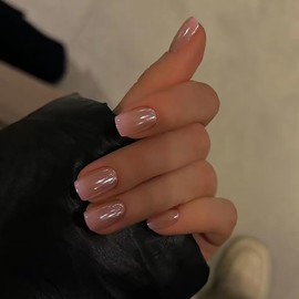 Chrome Press on Nails Short Square OFDNE Ombre Fake Nails Brown & White False Nails Full Cover Glossy Glue on Nails Stick on Nails Acrylic Nails for Women Girls 24 Pcs