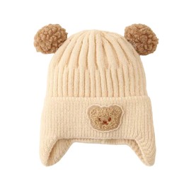 J.B.things Knit Baby Hat Winter Earmuffs Infant Knit Hat, Embroidered Bear, white