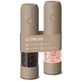 Ultrean Electric Pepper Grinder, Rechargeable Salt and Pepper Grinder with 6 Adjustable Coarseness, LED Light, One-Hand Automatic Operation, Brown