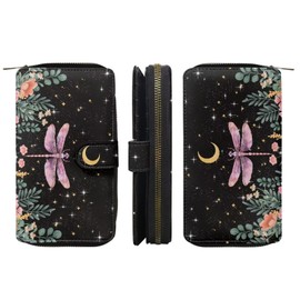 COEQINE Animal Wallet, Cute Chicken Long Leather Money Bag, Handbag With Zipper for Coin Phone, Travel Handbag for Party, Pink Dragonfly Print Bling Pink Floral, Large