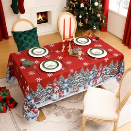 Softalker Christmas Tablecloth Rectangle 60x84 Inch, Winter Xmas Snowman Truck Red Table Cloth, Stain Resistant Farmhouse Table Cover for Holiday, Dinner, Party