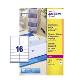 Avery Printable, Customisable Clear Address Mailing Labels, Laser Printers, 16 Labels Per A4 Sheet, 400 Labels, QuickPEEL (L7562)