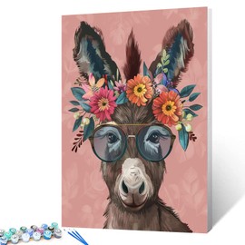 Funny Donkey Wear Big Shades and Straw Hat Paint by Number Donkey with Flowers DIY Painting on Canvas with Brushes Paints Paint by Numbers for Adults and Kids Beginner 16x20 Inch（without Frame）