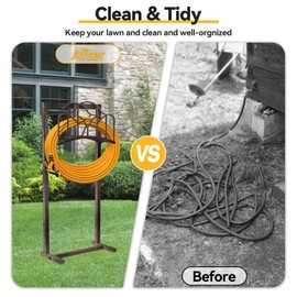 Ouinis Garden Hose Holder Hanger Freestanding, Upgraded 4-Spike Heavy Duty Storage Reel Stand, Holds 150ft Hose for Outside Yard Lawn (Rustic Line, Metal)