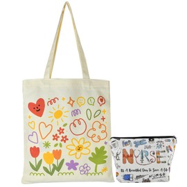 Canvas Tote Bag and Makeup Bag,2pcs Canvas Bag,Reusable Grocery Shopping Bag,Summer Canvas Travel Cosmetic Bag, Casual Organizer Shopping Bag For Women Girl