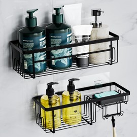 Alyvisun Pack of 2 Shower Shelves Large Capacity with Strong Adhesion and Load Capacity, Stainless Steel Bathroom Shelf No Drilling with Soap Dish and Hook, Rustproof Shampoo Holder for Shower