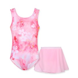 Alikhonf Gymnastic Leotards for Girls 8-9 Years Old Pink Flowers Two Piece Set Dance Leos Combo with Skirt