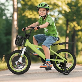 BABY JOY Sporty Kids Bike, 14 Inch Child Bike for 3-5 Years Old w/Adjustable Height, Training Wheels, Storage Basket, Handbrake Coaster Brake, Kids Bicycle for Girls Boys (Green)