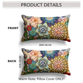 Snylcce Boho Floral Throw Pillow Covers Set of 2 Colorful Bohemian Flower Decorative Cushions Pillowcase for Bedroom Sofa Home Decor, 12x20 Inch, Velvet, Short Plush