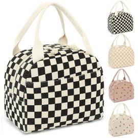 Lunch Bag for Women Girls Cute Corduroy Lunch Tote Bags Reusable Insulated Lunch Box Large Capacity Reusable Insulated Cooler for Work Picnic or Travel(Black Checkered)