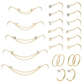 Kiethleasa 20G Nose Ring Nose Piercing Chain Stainless Steel Across Nose Nostril Jewelry with CZ Nose Hoop Bone Screw L Shaped Nose Ring Stud for Women Men High Nostril Bridge Nose Jewelry, Stainless