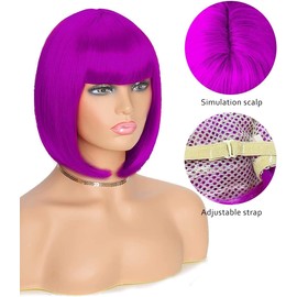 Pelucas Sintéticas para Mujer, Peluca Corta de Bob con flequillo, gafas corazón y redecilla, Pelucas coloridas para cosplay y fiestas, Halloween y carnaval, natural como cabello real (Morado)