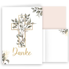 10 Thank You Cards with Envelope Thank You Folding Cards Stylish Cross Watercolour Delicate for Christening Communion Confirmation Confirmation Mourning Leaves Green Gold to Design Yourself
