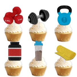 18pcs Glitter Fitness Equipment Dessert Cupcake Topper Pick for Gym Fitness Weight Lifting Sports Theme Decor Supplies Men Women Boys Happy Birthday Party Decorations