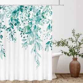 Tititex Teal Eucalyptus Shower Curtain Sets, Watercolor Turquoise Leaves on The Top Plant with Floral Bathroom Decoration 60x72 Inch with Hooks