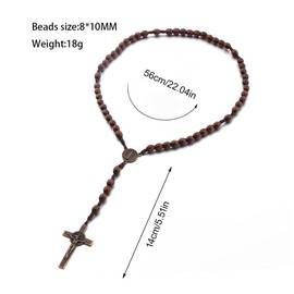 EYVRPAU Catholic Cross Rosary Necklace, Natural Wood Prayer Chain with Medal Cross Jesus Christ Saint Benedict for Catholic Christians, Religious Communion, Baptism, Mass, Bible