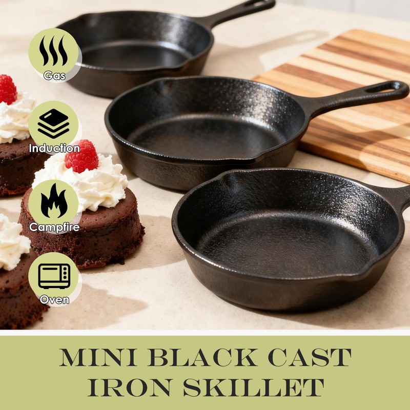 Cptoion 1 Set Mini Cast Iron Skillet, 4 Inch, Black