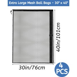 YOUEON 4 Pcs Extra Large Mesh Ball Bags 30 x 40 Inch, Heavy Duty Sports Ball Bag with Drawstring Closure & Adjustable Shoulder Strap, Black Ball Storage Bags for All Kinds of Balls, Laundry