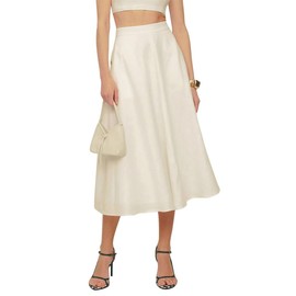 IDEALSANXUN Linen Skirts for Women 2024 Trendy Spring Summer A Line Pleated Maxi Midi Length Long Skirt with Pockets, Beige, L