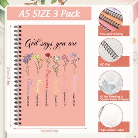 FYSUIMU 3 Packs Christian Spiral Journal Notebook A5 Inspirational Flower God Says You are College Ruled Notebook Twin-Wire Binding with 60 Pages Paper for Home Office Classroom