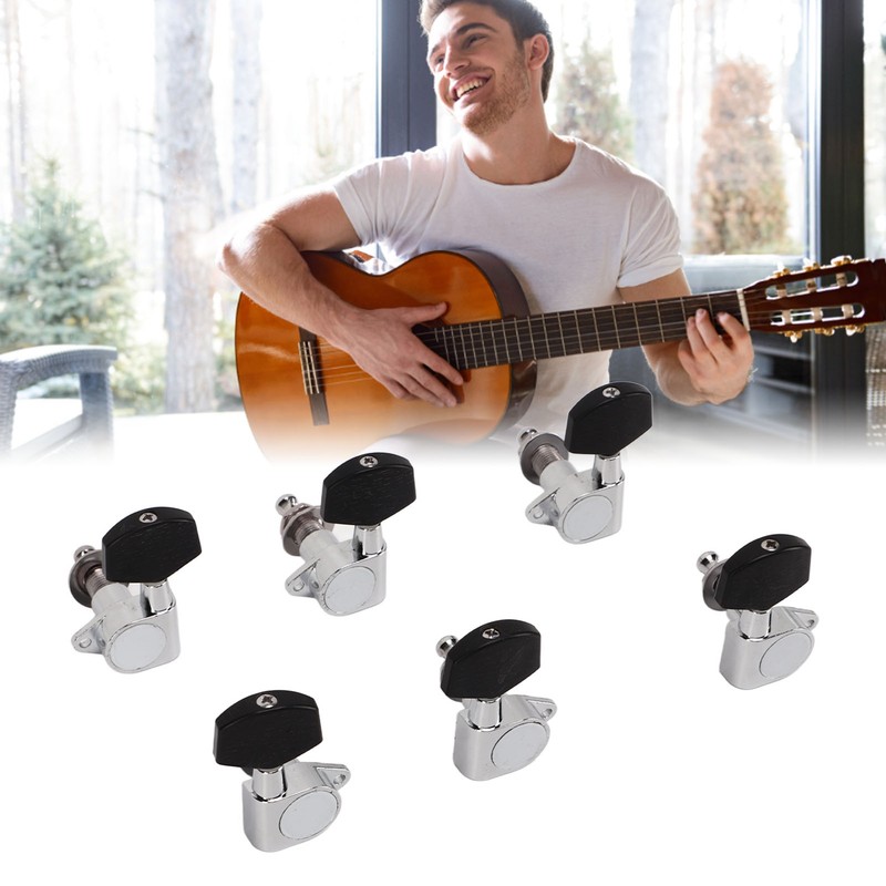6 Pcs Guitar Tuning Pegs 3L3R Metal Body Black Wood