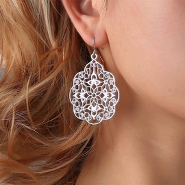 Yienate Boho Large Filigree Hoop Drop Earrings Vintage Tribal Hollow Carved Earrings Rose Gold Gypsy Geometric Floral Statement Earrings Wedding Prom Earrings Jewellery for Women, Silver