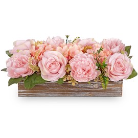 Flower Arrangement with Wooden Vase 14" Artificial Flowers in Pot - Fake Flowers Roses Peonies Hydrangeas in Wooden Vase Potted Artificial Flower Centerpieces for Table Decor Living Room - Dusty Pink