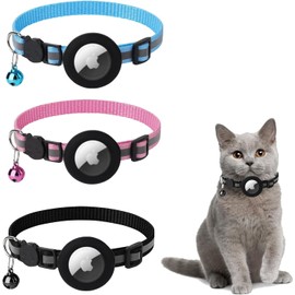3 Pzs Airtag Collar para Gato Perro, Airtag Cat collar Holder, Collar para Gato con Airtag, GPS Cat Collar, Collar Reflectante con Timbre y Hebilla de Liberación de Seguridad, Negro, Rosa, Azul