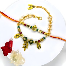 NiLy Craft Designer Couple Rakhi Set for Bhaiya Bhabhi with Ganpatiji, Kodi & Leaf Charm | Premium Rakhi Combo with Diamond Ring & Real Kundan Ball and Glass beads | Raksha Bandhan Gift with Roli