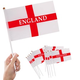 12Pcs England Flags on Sticks for St, George's Day Decorations,St Georges Flags England Hand Held Small Flags with 30cm White Pole(14 x 21cm)